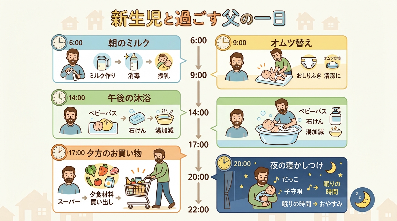 新生児を育てる家庭の1日のタイムラインを描いたイラスト。朝6時のミルク作り、9時のオムツ替え、午後の沐浴、夕方の買い物、夜の寝かしつけまで、父親アイコンと共に時...