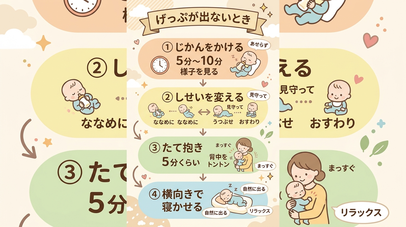 げっぷが出ないときの対処手順を上から下へ縦に並べたフローチャート形式のイラスト。「5〜10分試す」→「姿勢を変える」→「縦抱きで5分」→「横向きで寝かせる」の4...
