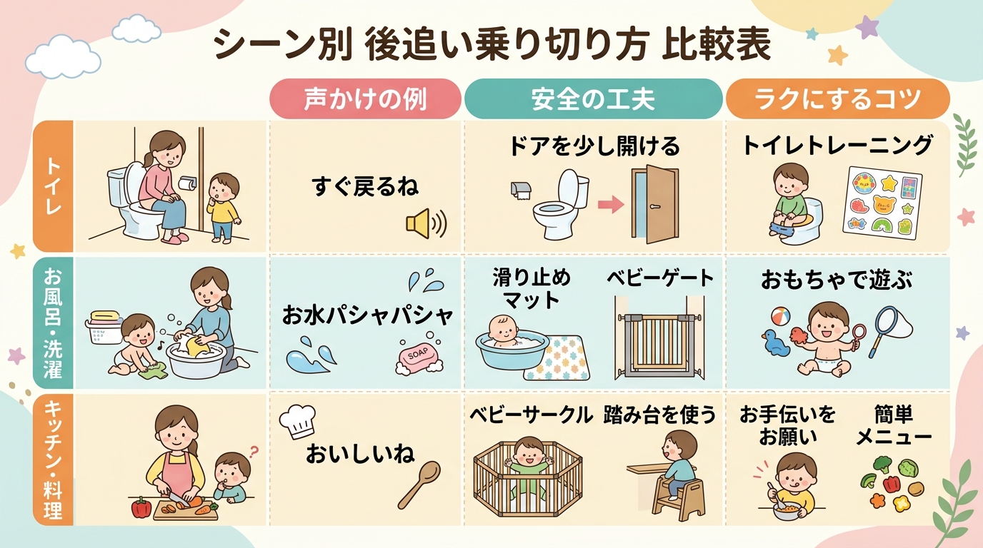シーン別の後追い乗り切り方の比較表イラスト。「トイレ」「お風呂・洗濯」「キッチン・料理」の3場面を縦に並べ、各場面に「声かけの例」「安全の工夫」「ラクにするコツ...