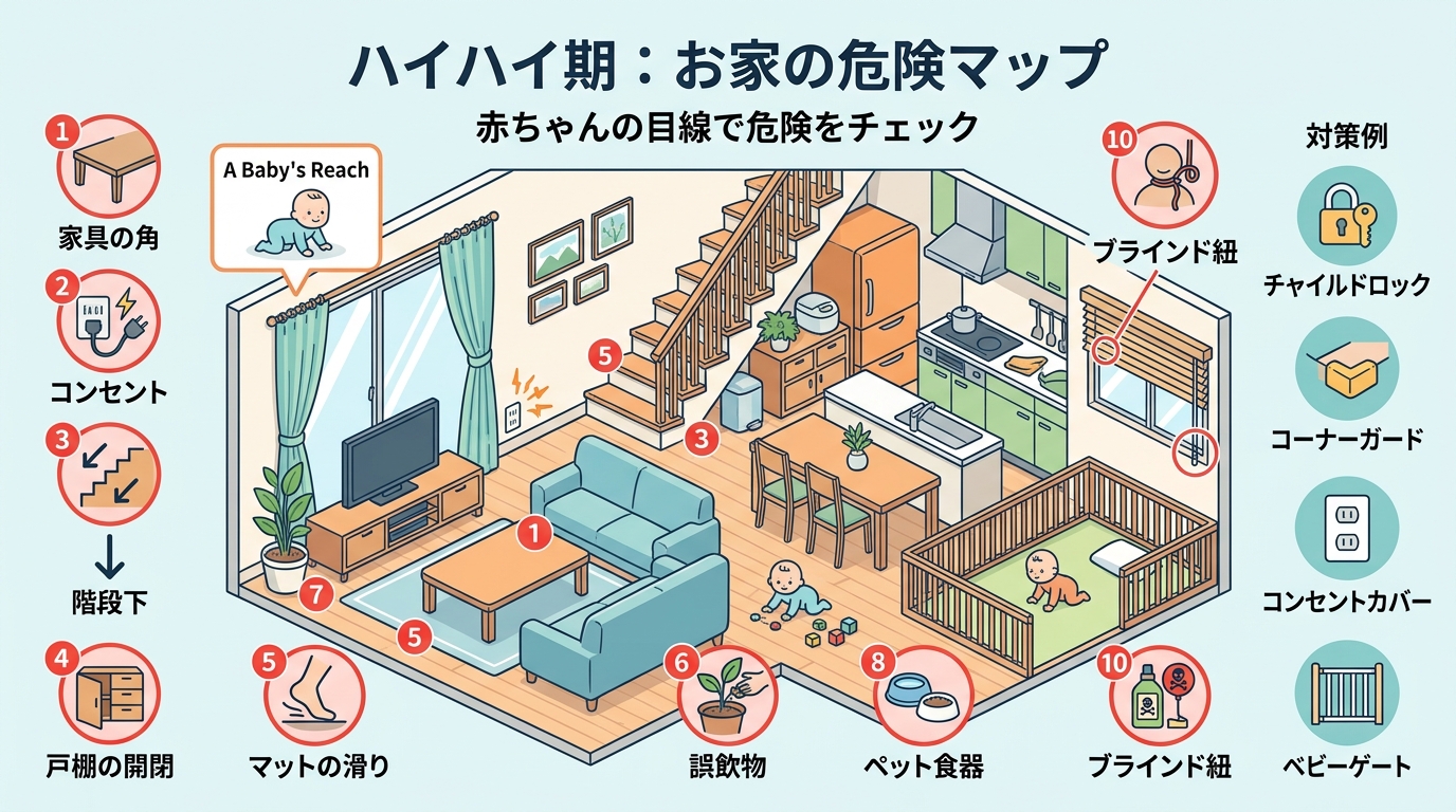 ハイハイ期の家庭内危険ゾーンを示す室内マップ図解。コンセント、階段、家具角、誤飲物（ボタン電池・マグネット）の各危険ポイントに番号と日本語注意ラベルを配置。画像...