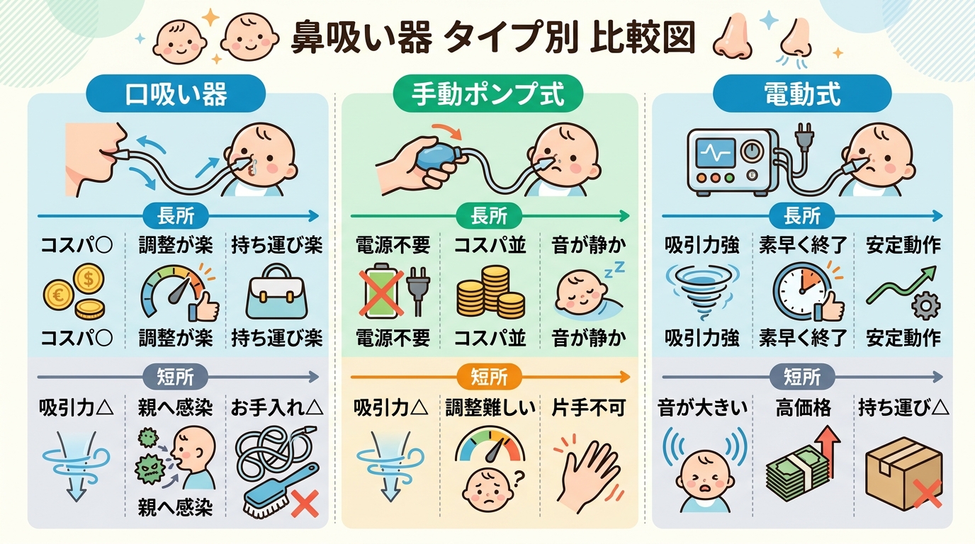 鼻吸い器のタイプ別比較イラスト。口吸い器・手動ポンプ式・電動式の3列で長所と短所を比べた図解。画像内のすべてのテキスト・ラベル・見出しは自然な日本語で書くこと。...