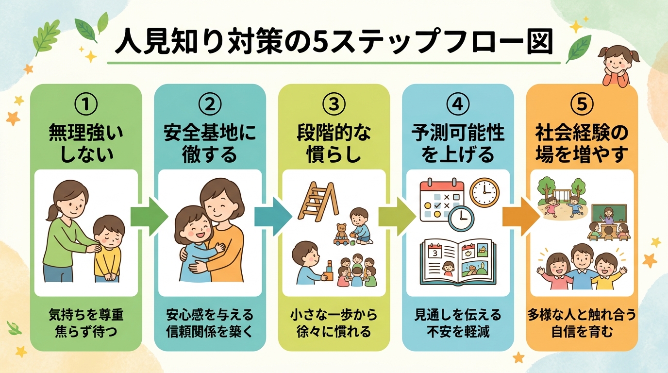人見知り対策の5ステップフロー図。「①無理強いしない」→「②安全基地に徹する」→「③段階的な慣らし」→「④予測可能性を上げる」→「⑤社会経験の場を増やす」の5ス...