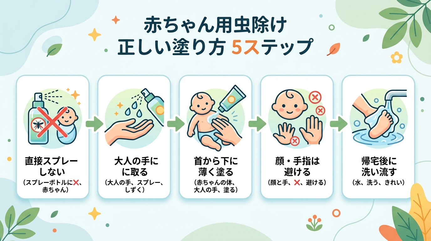 赤ちゃんへの虫除けの正しい塗り方5ステップフロー図。「直接スプレーしない」→「大人の手に取る」→「首から下に薄く塗る」→「顔・手指は避ける」→「帰宅後に洗い流す...