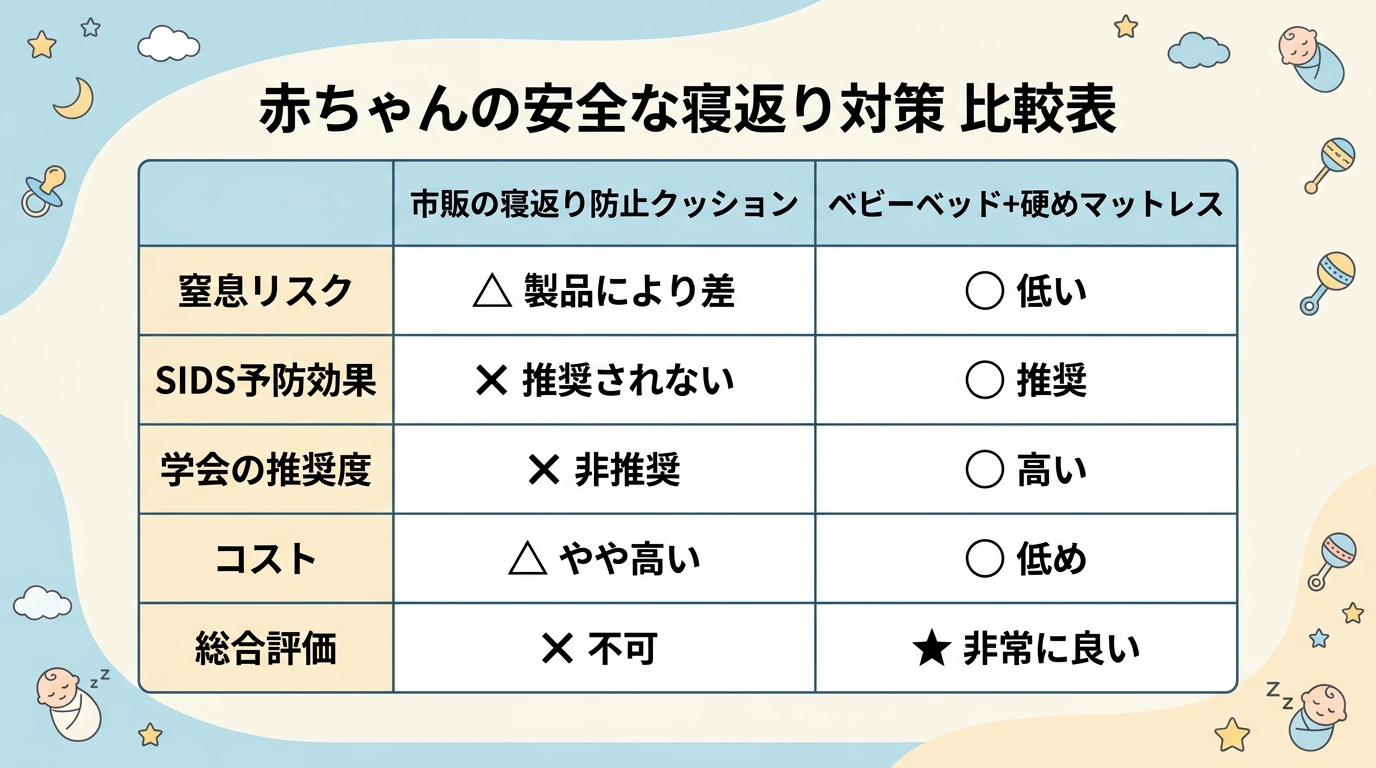 寝返り防止グッズの安全性比較表（縦型）。左列に「市販の寝返り防止クッション」、右列に「ベビーベッド+硬めマットレス」を配置。比較軸として「窒息リスク」「sids...