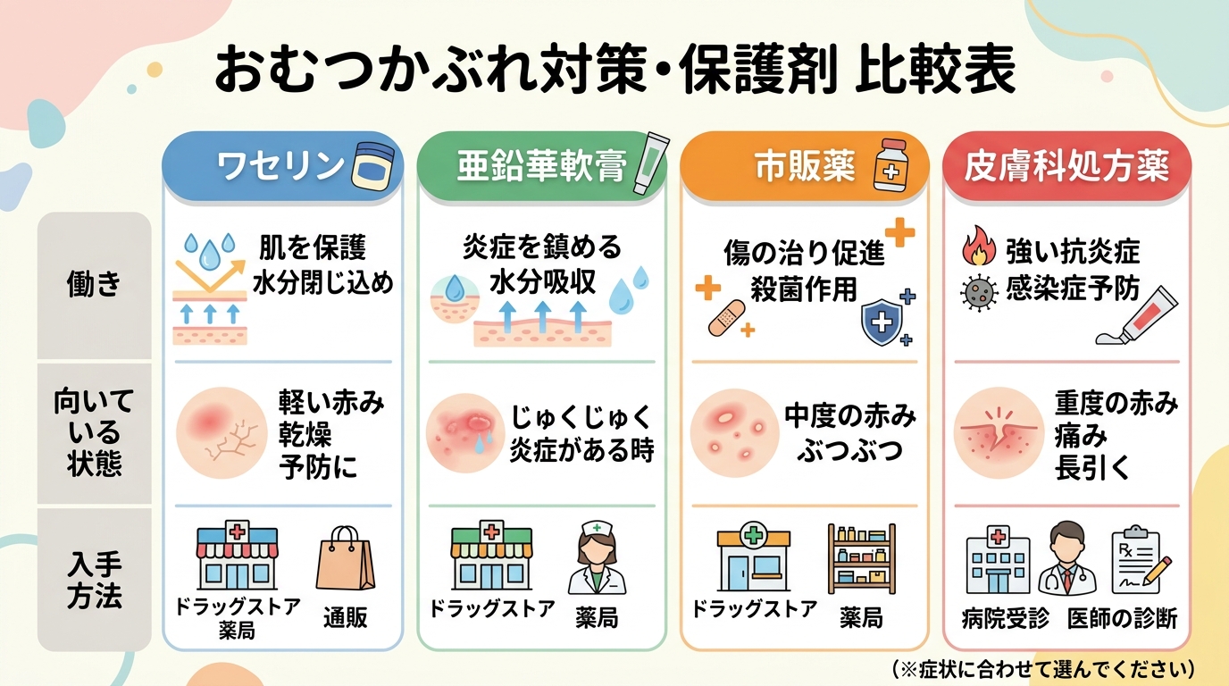 おむつかぶれ向け保護剤・薬の比較表イラスト。「ワセリン」「亜鉛華軟膏」「市販薬」「皮膚科処方薬」の4列を並べ、各列に「働き」「向いている状態」「入手方法」のラベ...