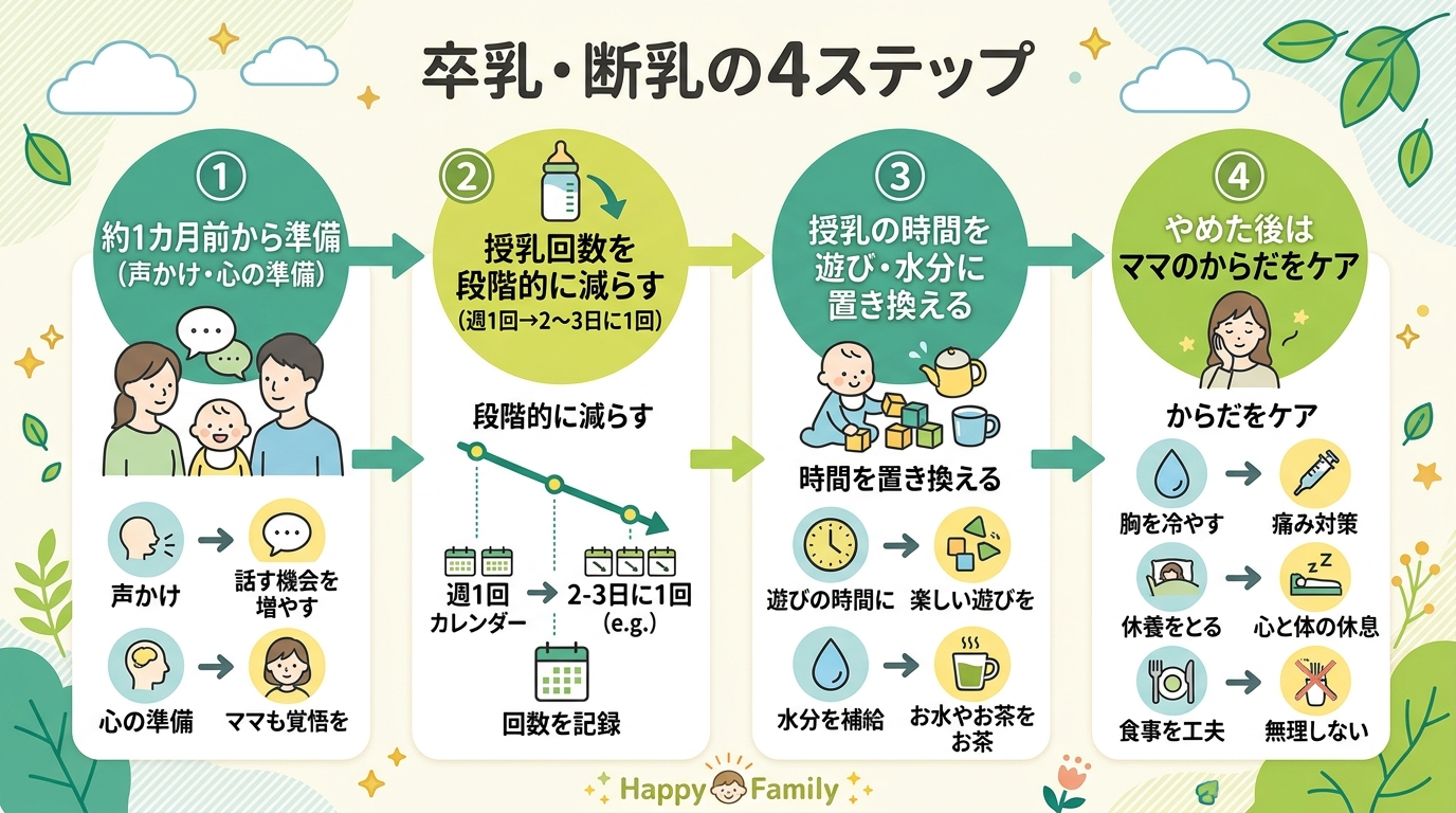 卒乳・断乳の進め方を示した4ステップのフロー図。「①約1カ月前から準備（声かけ・心の準備）」→「②授乳回数を段階的に減らす（週1回→2〜3日に1回）」→「③授乳...