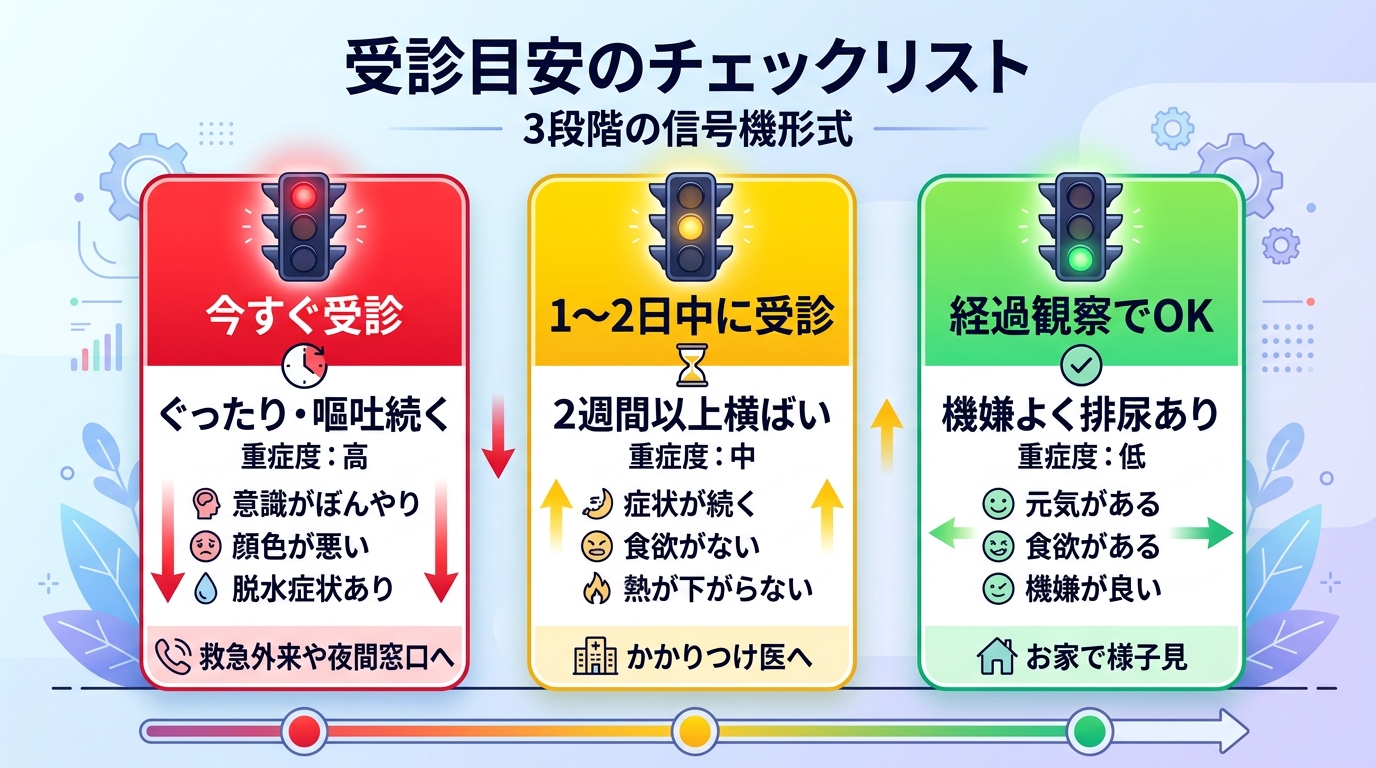 受診目安を3段階の信号機形式で示すチェックリスト図（16:9）。左から「赤＝今すぐ受診」「黄＝1〜2日中に受診」「緑＝経過観察でok」の3列。日本語ラベル「ぐっ...