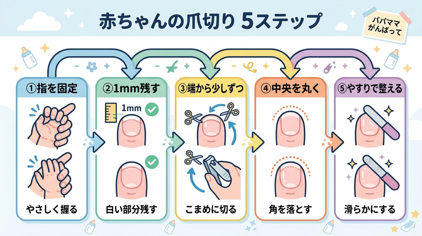 赤ちゃんの爪切り手順を示す5ステップのフロー図。「①指を固定」→「②白い部分を1mm残す」→「③両端から少しずつ」→「④中央を最後に丸く」→「⑤やすりで整える」...