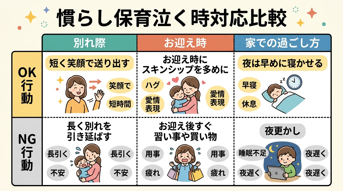 慣らし保育で泣くときの対応比較表。縦に「ok行動／ng行動」の2行、横に「別れ際／お迎え時／家での過ごし方」の3列。ok行動には「短く笑顔で送り出す」「お迎え時...