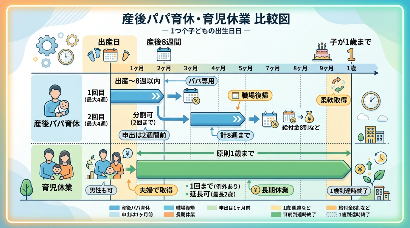 産後パパ育休と通常の育児休業を時系列で比較したガントチャート図。出産日を基点に、横軸に「産後8週間」「子が1歳まで」と区切り、産後パパ育休（最大4週間×2回分割...