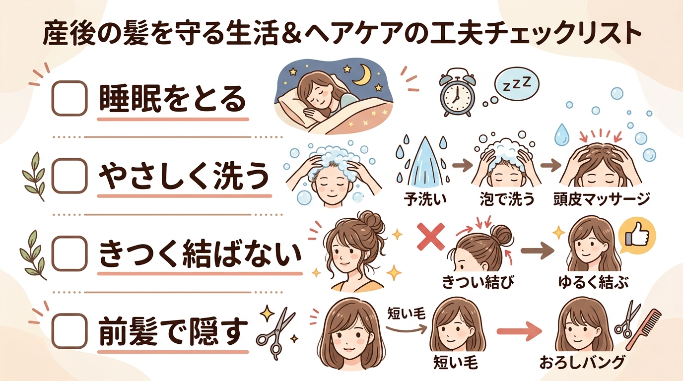 産後の髪を守る生活&ヘアケアの工夫チェックリスト図。「できる範囲で睡眠」「やさしいシャンプー(予洗い→泡で頭皮マッサージ)」「きつく結ばない」「短い毛はおろしバ...