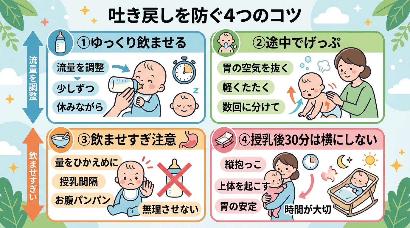 吐き戻しを防ぐ4つのコツを2×2のマトリクスで並べたイラスト図解。左上「ゆっくり飲ませる」、右上「途中でげっぷ」、左下「飲ませすぎ注意」、右下「授乳後30分は横...