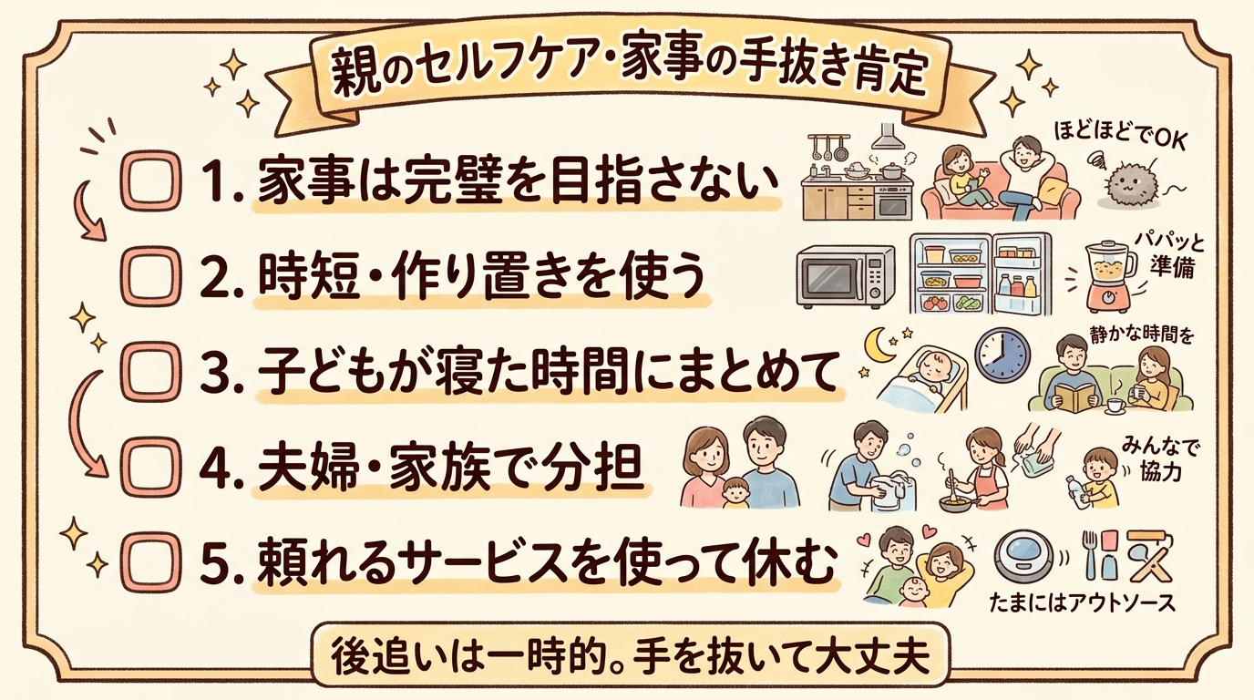 親のセルフケア・家事の手抜き肯定をテーマにしたチェックリスト風イラスト。「家事は完璧を目指さない」「時短・作り置きを使う」「子どもが寝た時間にまとめて」「夫婦・...
