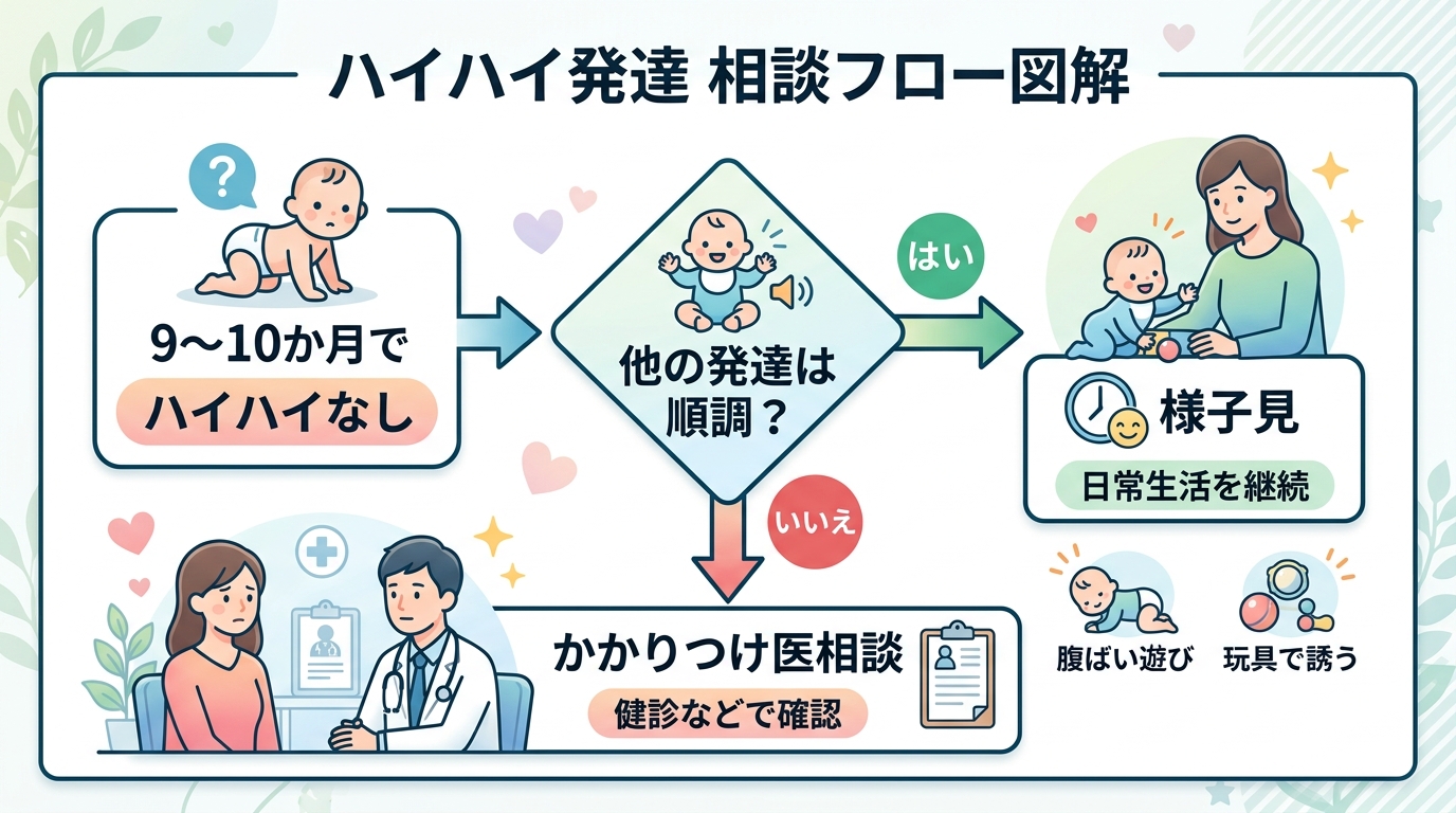 ハイハイの発達相談フロー図解。「9〜10か月でハイハイなし」→「他の発達は順調？」で分岐、「はい→様子見」「いいえ→かかりつけ医相談」の判断フローを日本語ラベル...