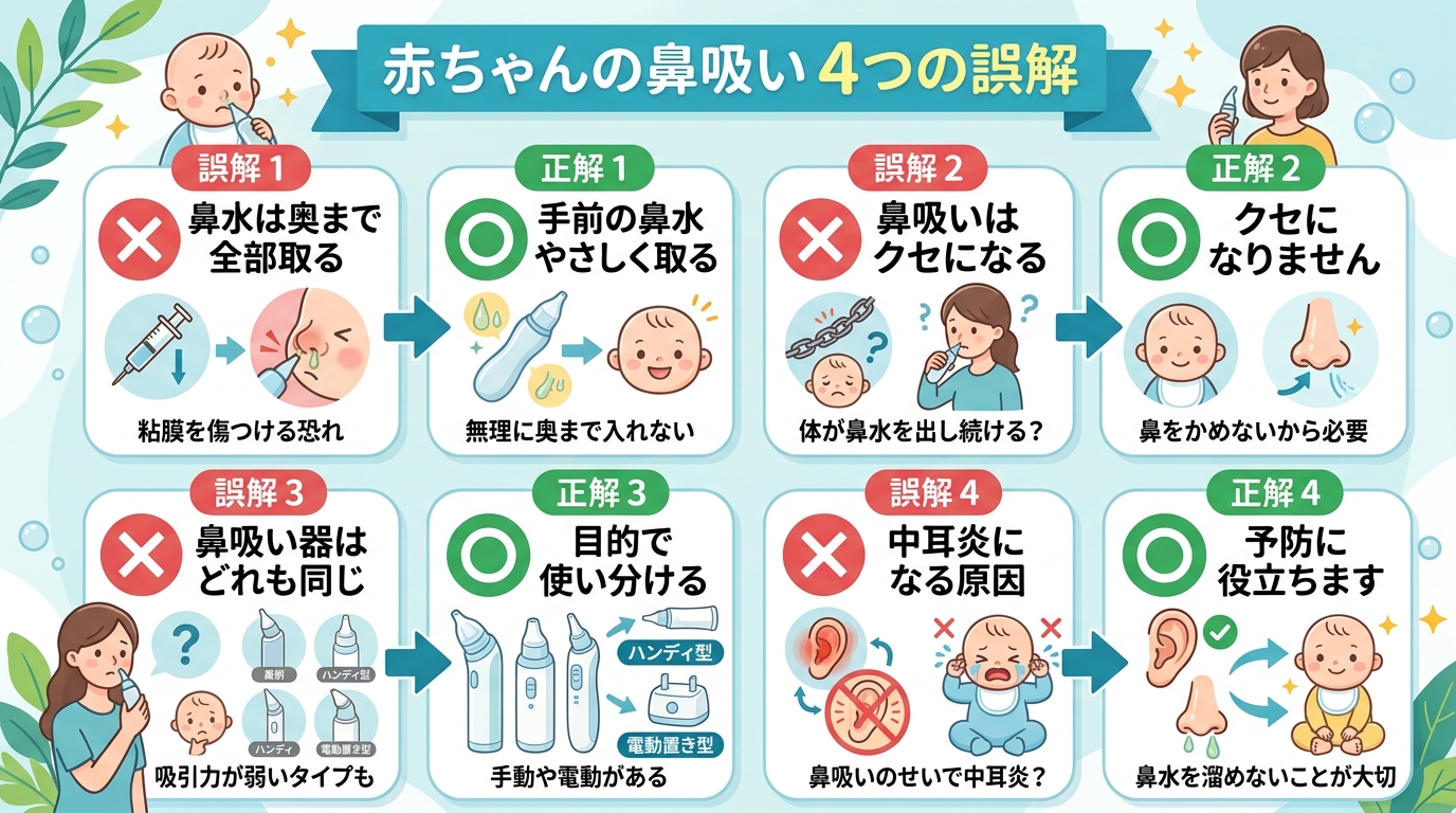 赤ちゃんの鼻吸いにまつわる4つの誤解を丸とバツで対比した図解。画像内のすべてのテキスト・ラベル・見出しは自然な日本語で書くこと。ただしツール名・ブランド名・サー...
