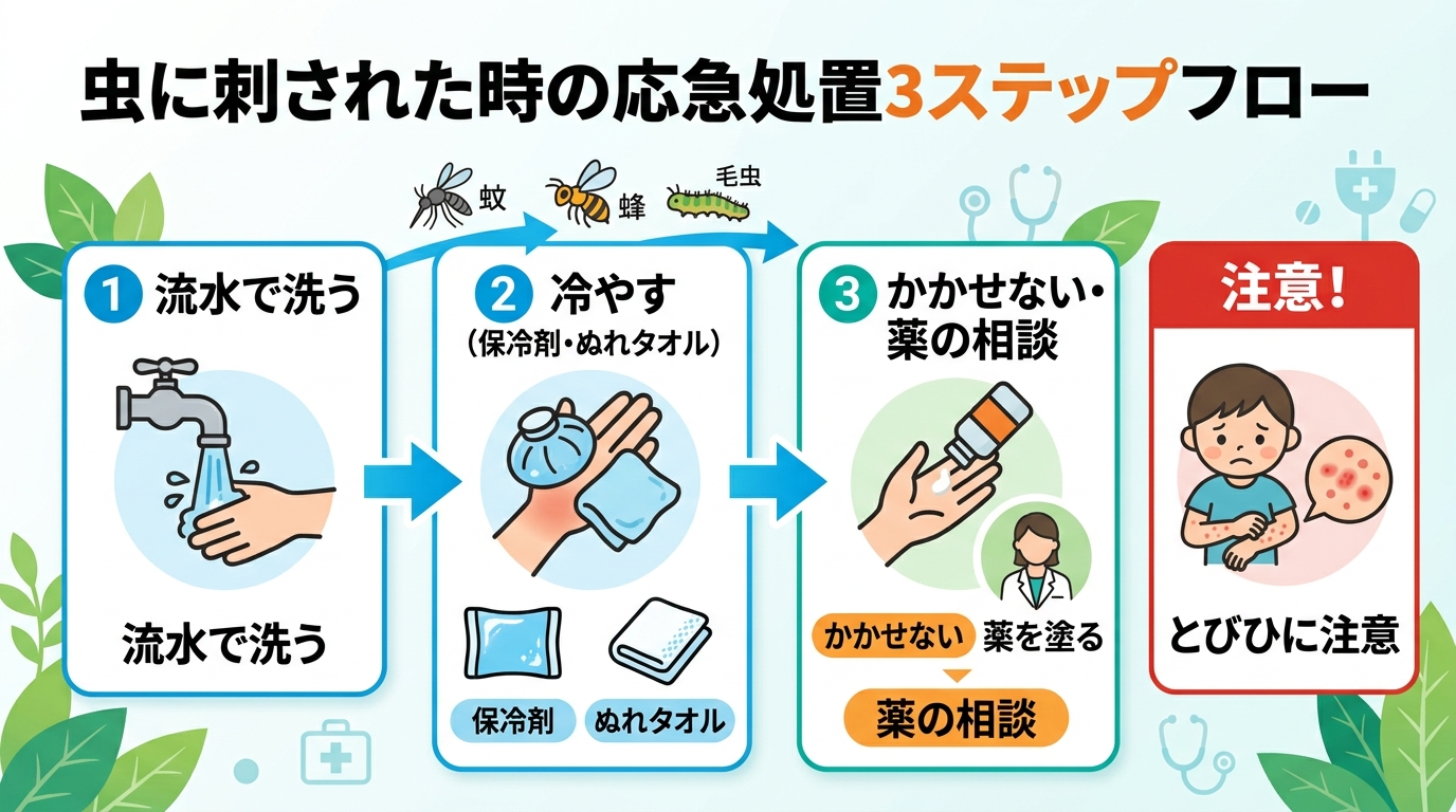 虫に刺されたときの応急処置3ステップフロー図。「流水で洗う」→「冷やす（保冷剤・ぬれタオル）」→「かかせない・薬の相談」の矢印付きステップと、別枠で「とびひに注...