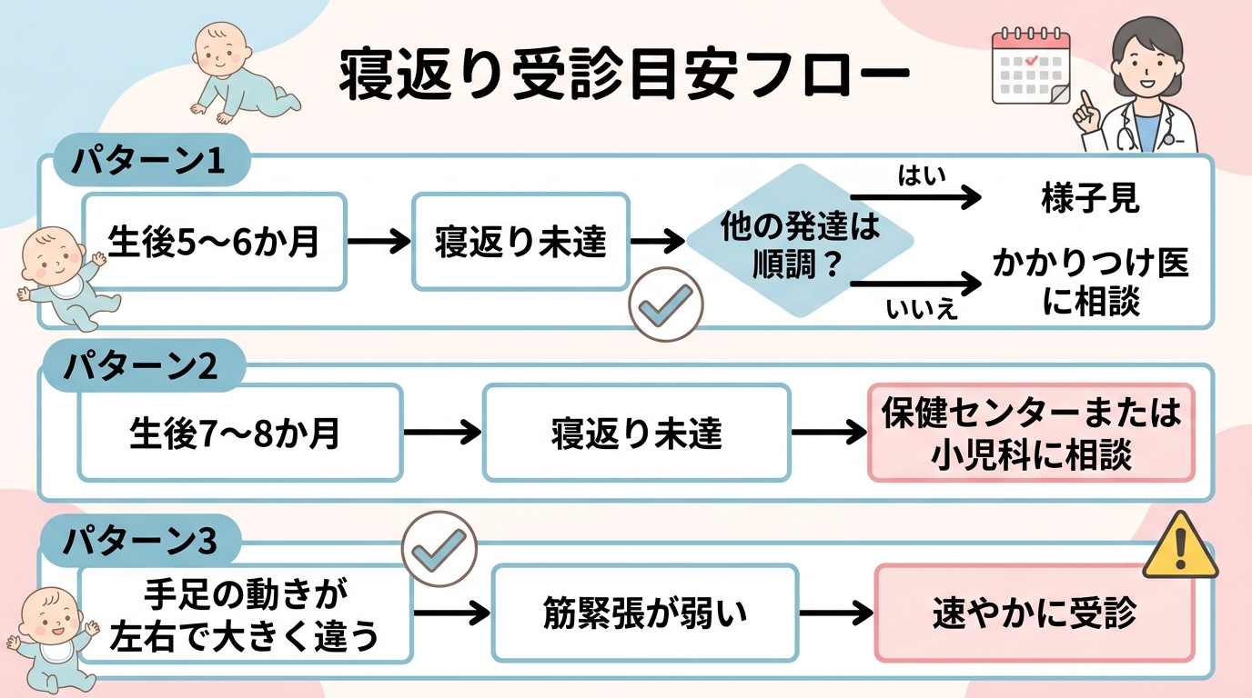 寝返りに関する受診目安フロー図。「生後5-6か月：寝返り未達」→「他の発達は順調？」で分岐、「yes→様子見」「no→かかりつけ医相談」、「生後7-8か月：寝返...