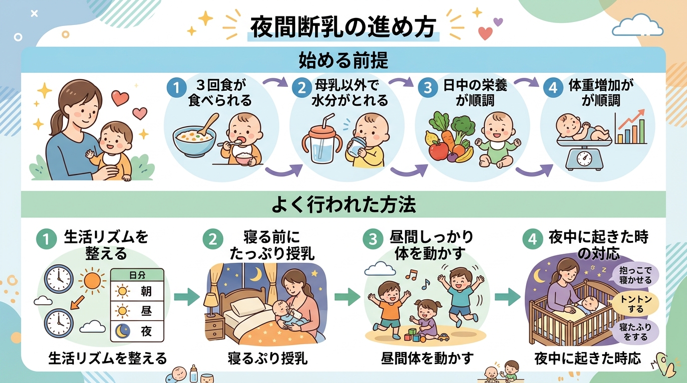 夜間断乳の進め方をまとめたインフォグラフィック。上段に「始める前提：3回食が食べられる／母乳以外で水分がとれる／日中の栄養と体重増加が順調」、下段に「よく行われ...