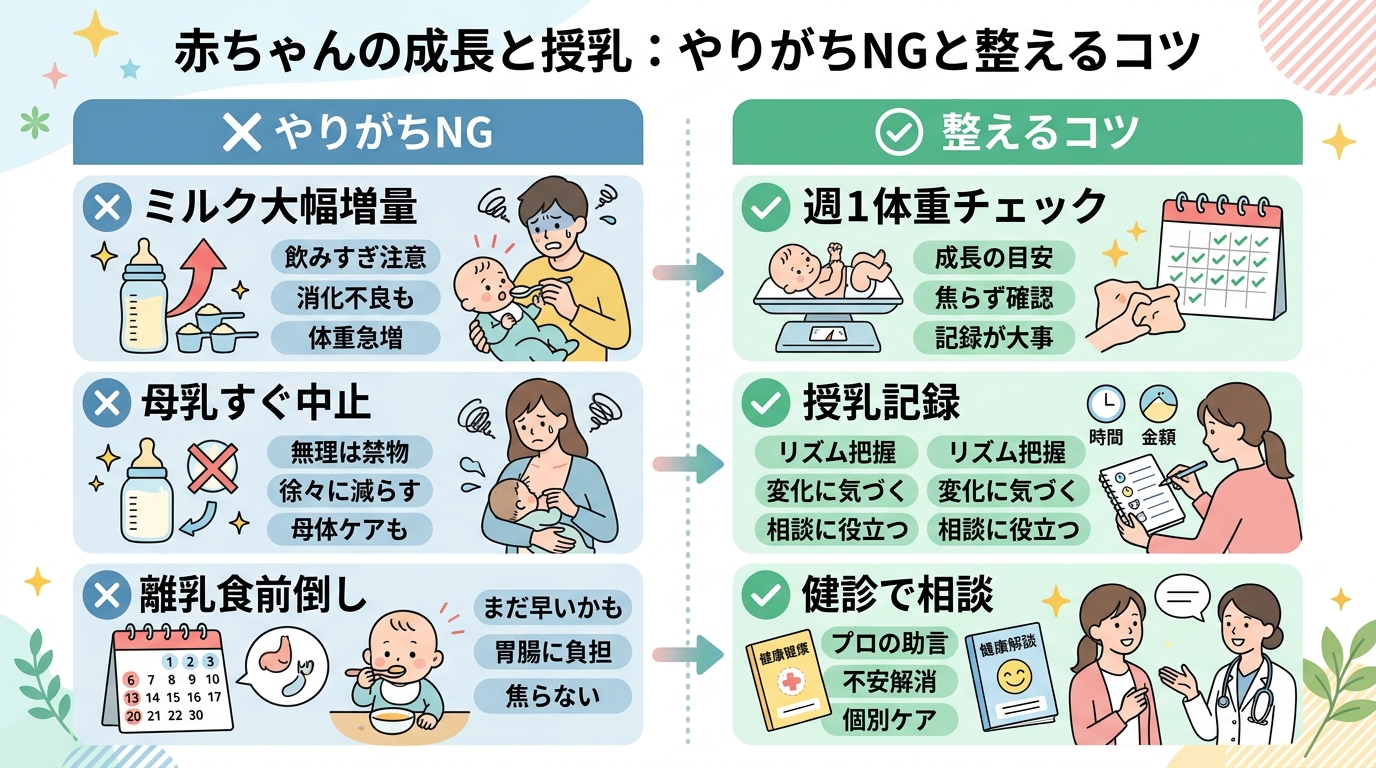 左側に×印付きng行動3パターン（ミルク大幅増量／母乳すぐ中止／離乳食前倒し）、右側に○印付きセルフケア3項目（週1体重チェック／授乳記録／健診で相談）を対比し...