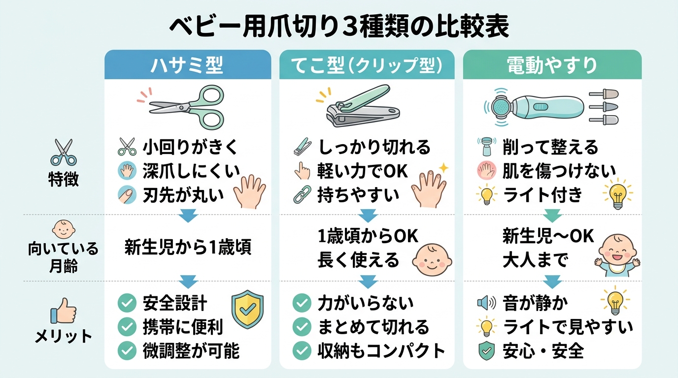 ベビー用爪切り3種類の比較表イラスト。「ハサミ型」「てこ型（クリップ型）」「電動やすり」の3列を並べ、各列に「特徴」「向いている月齢」「メリット」のラベル付き。...