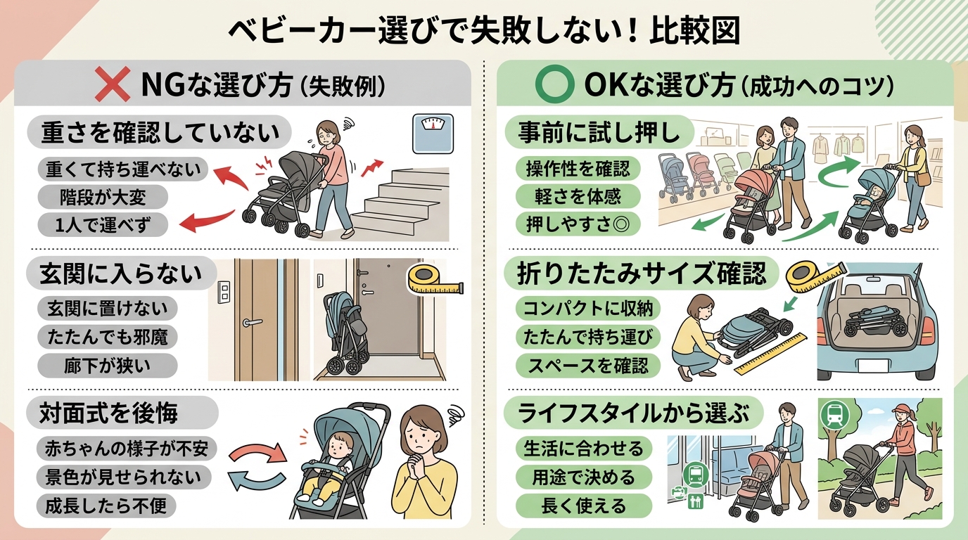 ベビーカー購入でよくある失敗例の比較図。左側に「重さを確認していない」「玄関に入らない」「対面式を後悔」のngアイコン、右側に「事前に試し押し」「折りたたみサイ...