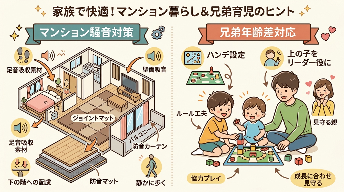 マンション騒音対策と兄弟年齢差対応の図解。左半分にマンション間取り図と「ジョイントマット」「防音マット」「足音吸収素材」の対策を矢印で示し、右半分に年齢の違う3...