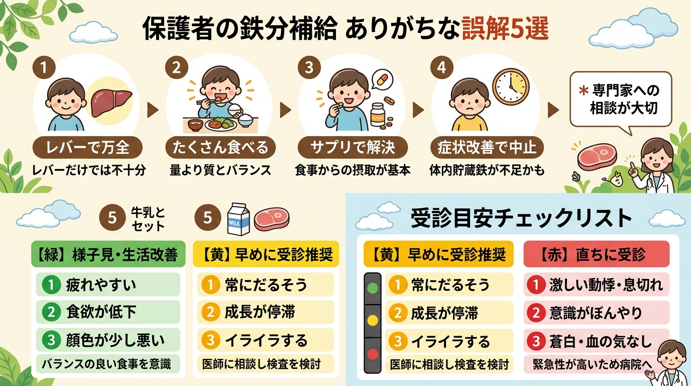 鉄分補給で保護者がやりがちな誤解と、受診目安をまとめたインフォグラフィック。誤解5選とチェックリスト形式の受診目安を併記、信号機カラーで緊急度を表示、16:9。...