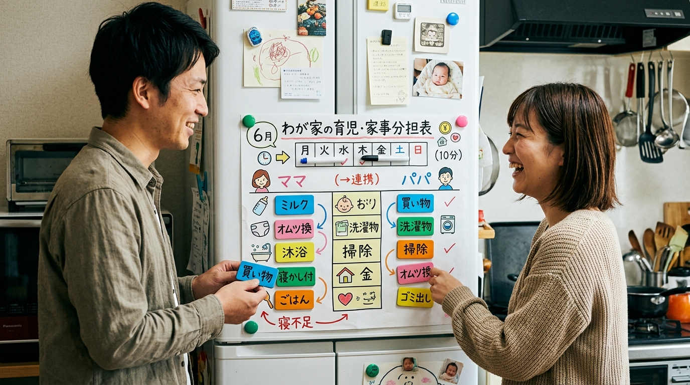 冷蔵庫に貼られた大きな手書きのタスク分担シートを、夫婦が並んでマグネットを動かしながら相談しているシーン。シートには「オムツ」「沐浴」「ミルク」「買い物」「洗濯...