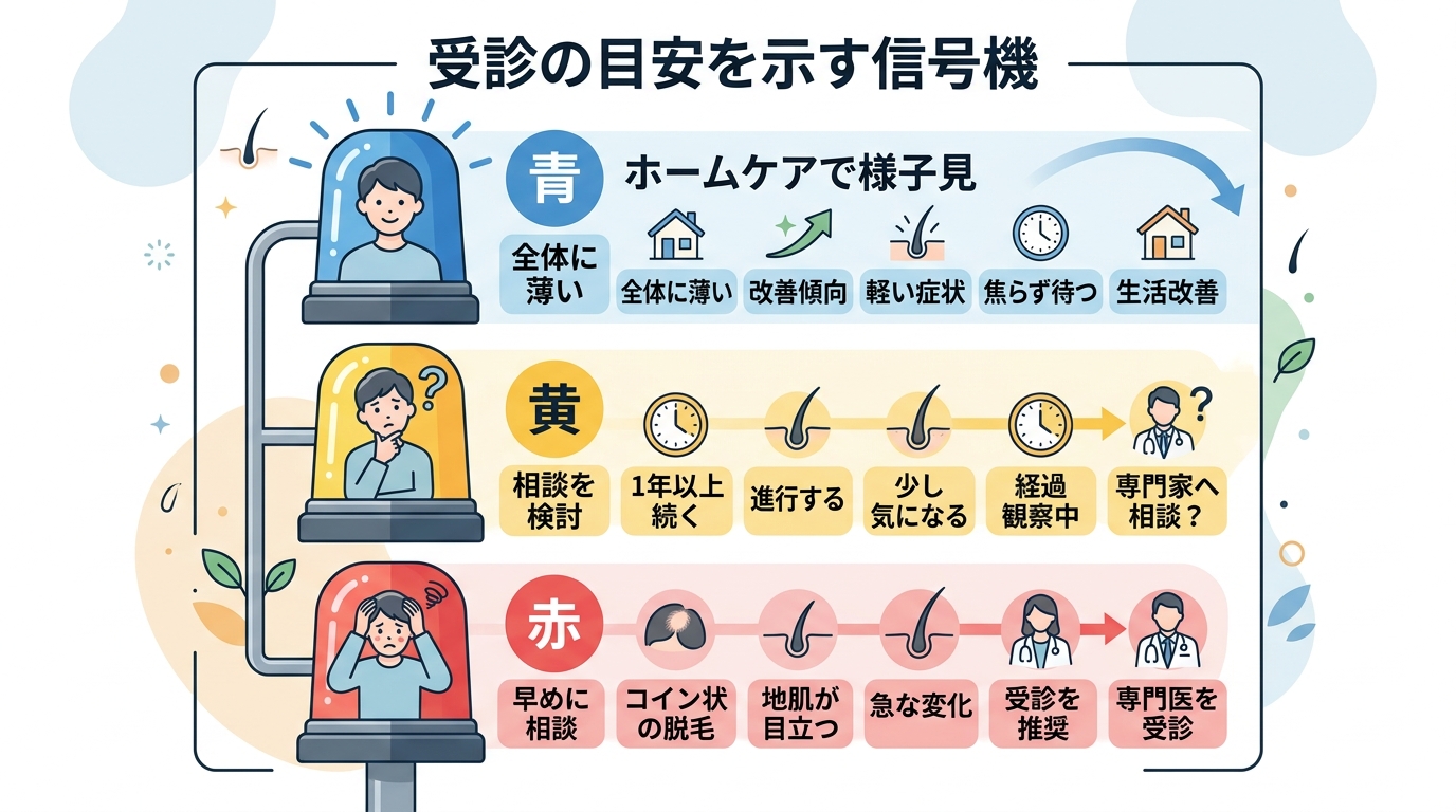 受診を考える目安を示す信号機型イラスト。「ホームケアで様子見(青)」「相談を検討(黄)」「早めに相談(赤)」の3段階で、それぞれに「全体に薄い・改善傾向」「1年...