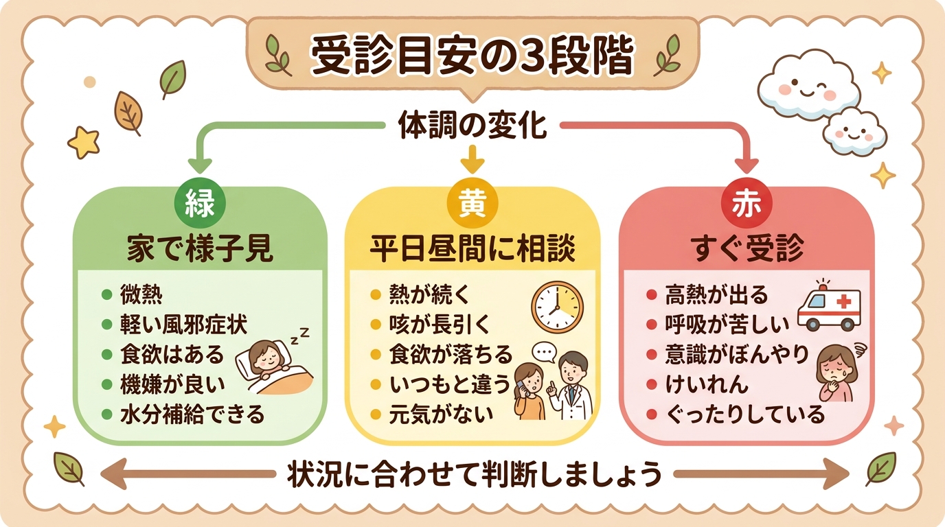 受診目安を信号機の配色で3段階に分けたフローチャート風イラスト図解。緑「家で様子見」、黄「平日昼間に相談」、赤「すぐ受診」の3区分に分け、それぞれに具体的なサイ...