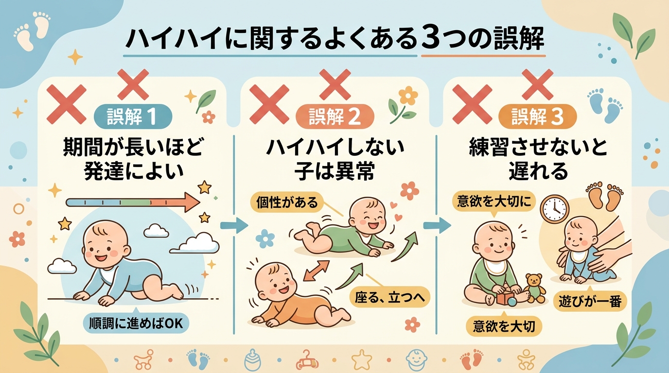ハイハイに関する3つのよくある誤解をバツ印付きで示すリスト図解。「誤解1：ハイハイ期間が長いほど発達によい」「誤解2：ハイハイしない子は異常」「誤解3：練習させ...