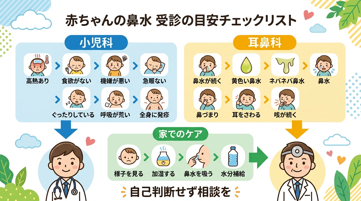 赤ちゃんの鼻水で小児科または耳鼻科の受診を判断する症状別チェックリスト図解。画像内のすべてのテキスト・ラベル・見出しは自然な日本語で書くこと。ただしツール名・ブ...
