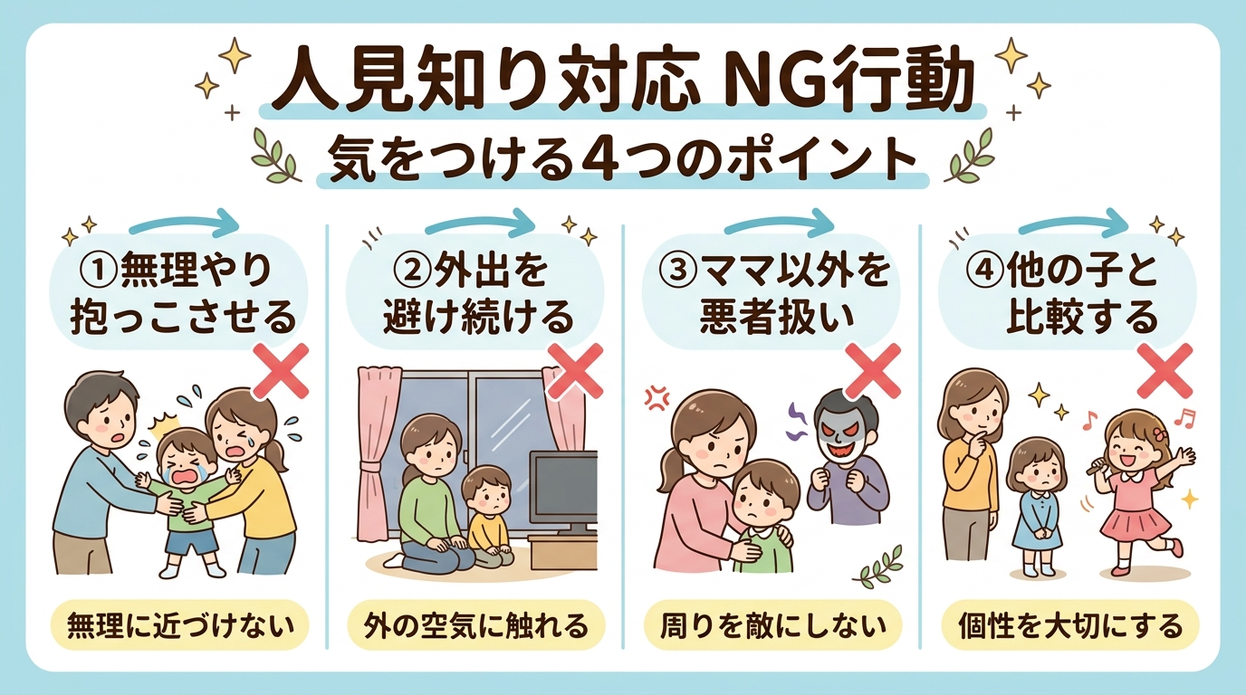 人見知り対応のng行動を示すバツ印付き4項目図。「①無理やり抱っこさせる」「②外出を避け続ける」「③ママ以外を悪者扱い」「④他の子と比較する」の4つを縦に配置し...