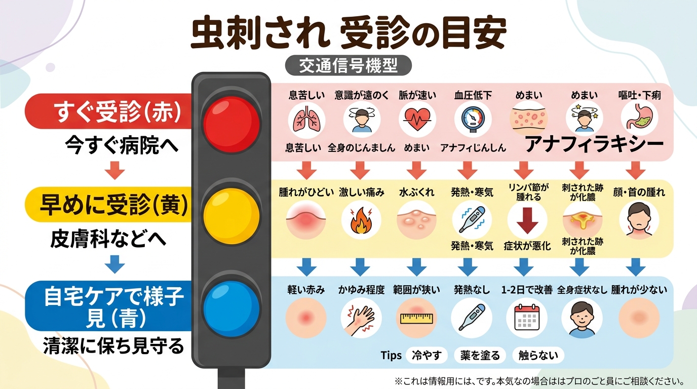 虫刺されの受診目安を信号機型で示したイラスト。「すぐ受診（赤）」「早めに受診（黄）」「自宅ケアで様子見（青）」の3段階に分け、各段階に該当する症状の日本語ラベル...