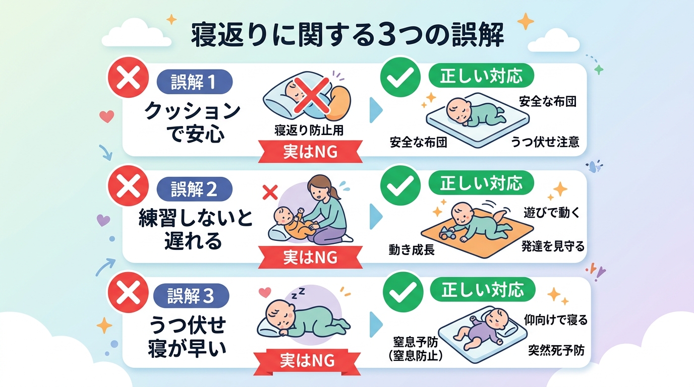 寝返りに関する3つのよくある誤解をバツ印付きで示すリスト図。「誤解1：寝返り防止クッションで安心」「誤解2：寝返り練習させないと遅れる」「誤解3：うつ伏せ寝の方...