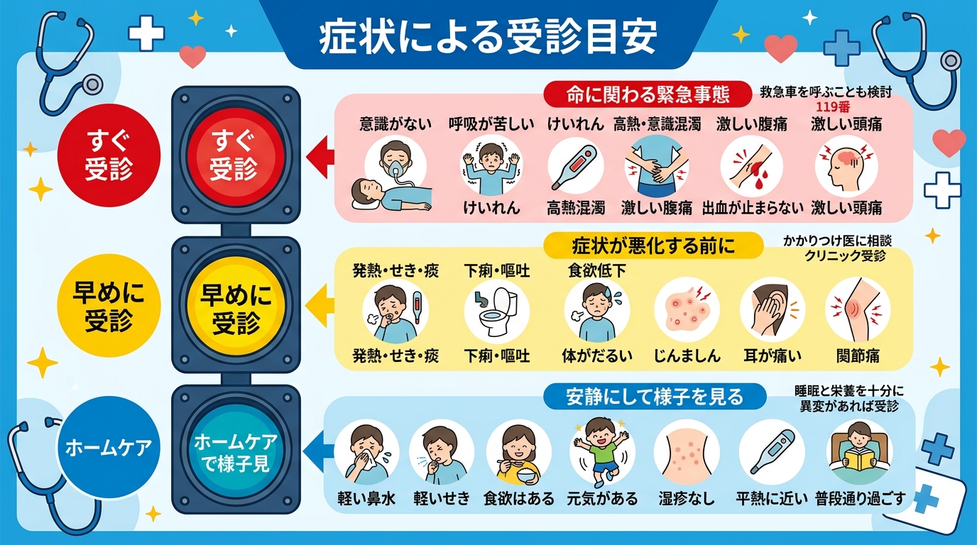 受診目安信号機イラスト。「すぐ受診(赤)」「早めに受診(黄)」「ホームケアで様子見(青)」の3段階の信号機型図解。各段階に該当症状の日本語ラベル。画像内のすべて...