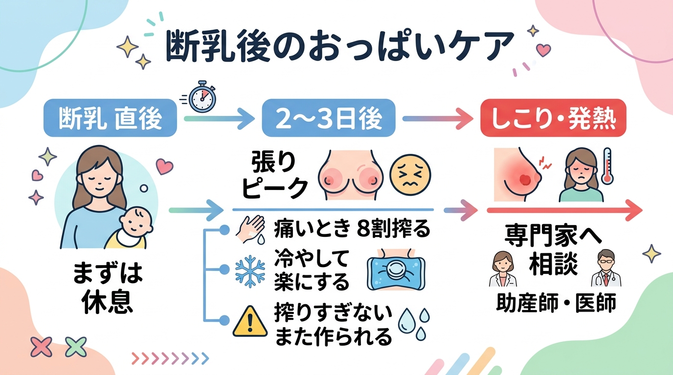 断乳後のおっぱいケアを時系列で示した図。「やめた直後→2〜3日で張りがピーク」のタイムラインに沿って、「痛いときは8割程度まで搾って圧を抜く」「冷やして楽にする...