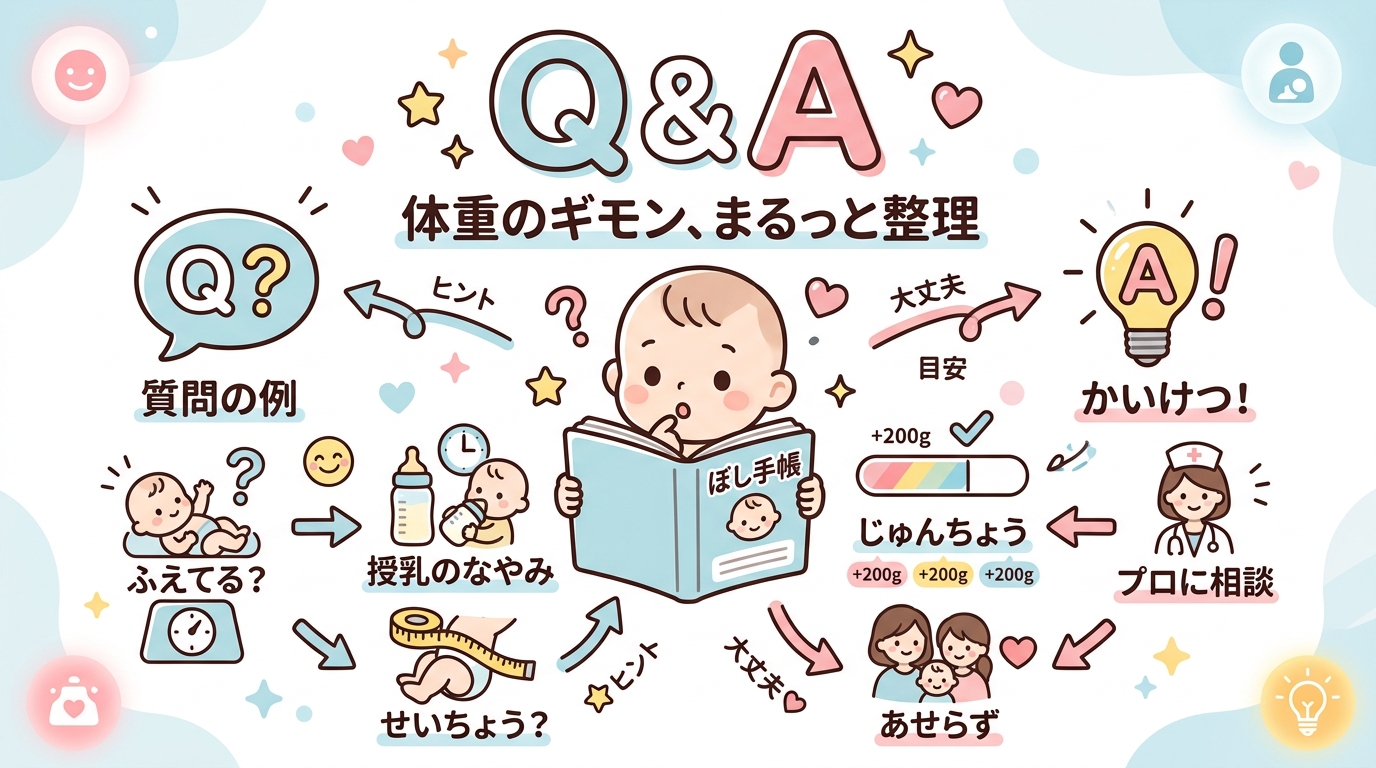 Q&a形式のfaqセクションを示すアイコンイラスト（16:9）。大きな「q&a」の文字と、母子手帳を開く赤ちゃんのかわいいイラスト。日本語ラベル「体重のギモン、...