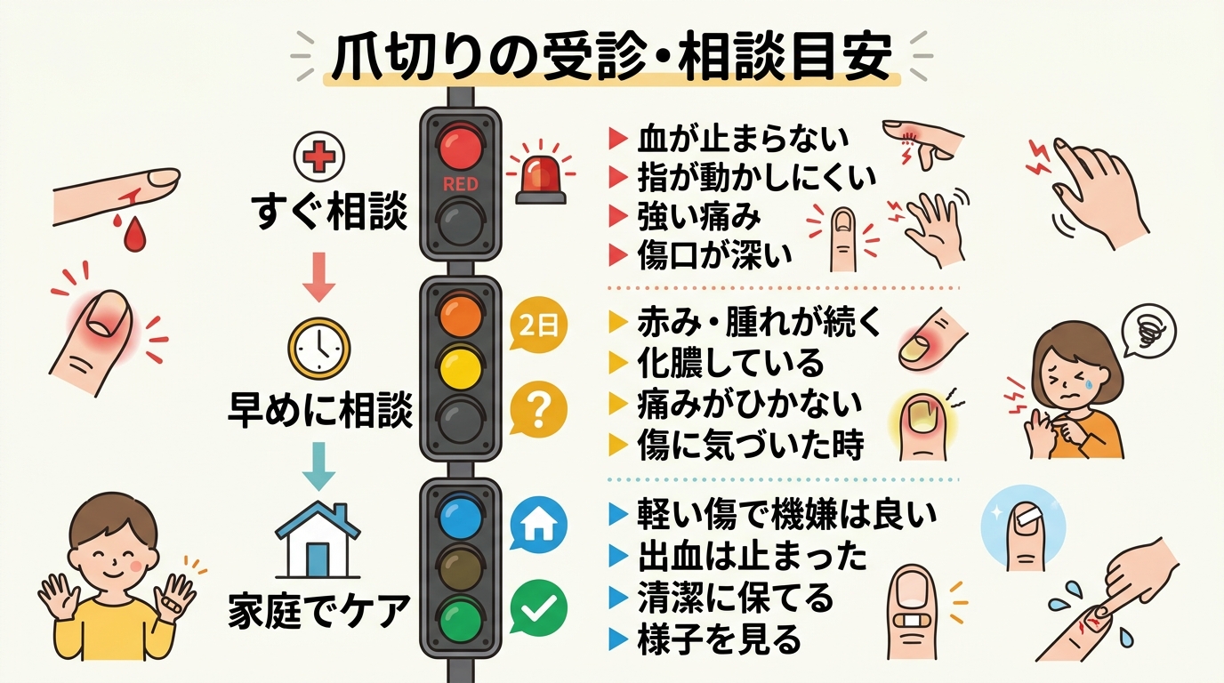 爪切りの受診・相談目安を示す信号機型イラスト。「すぐ相談（赤）」「早めに相談（黄）」「家庭でケア（青）」の3段階。各段階に「血が止まらない・指が動かしにくい」「...