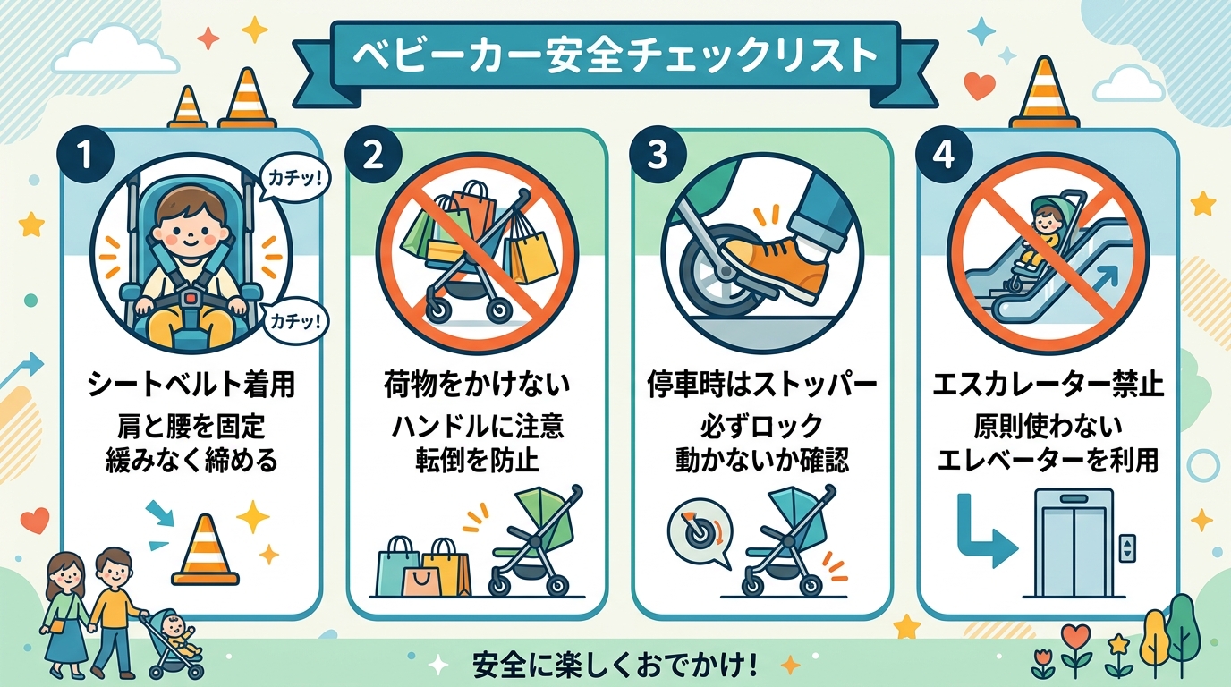 ベビーカー安全チェックリストのインフォグラフィック。「シートベルト着用」「ハンドルに荷物をかけすぎない」「停車時はストッパー」「エスカレーター原則禁止」の4項目...