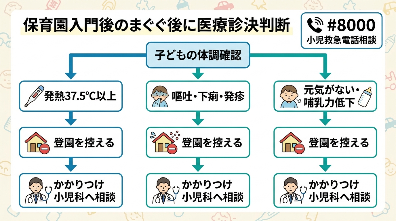 入園直後の受診判断フロー図。中央に「子どもの体調確認」を起点に、3つの分岐フローチャート（37.5℃以上の発熱／嘔吐・下痢・発疹／元気がない・哺乳力低下）から「...