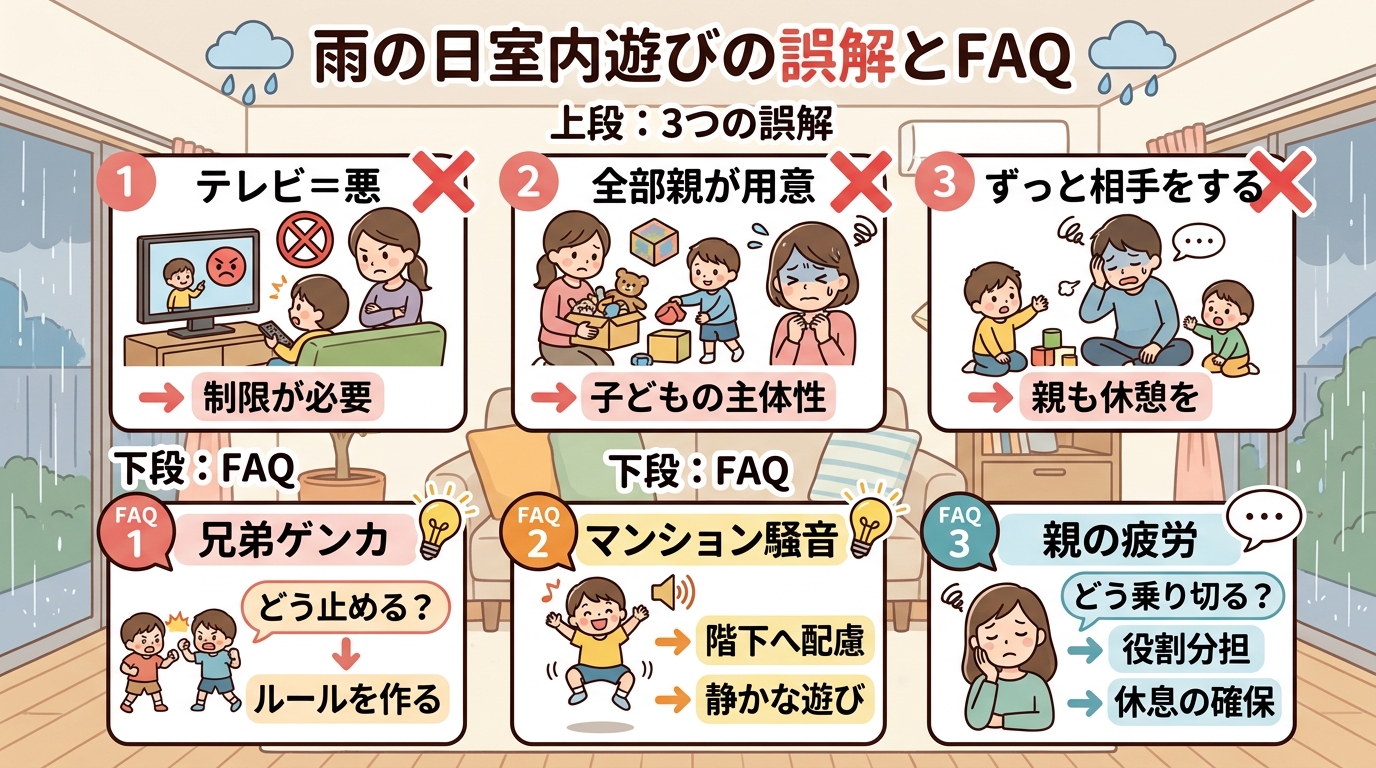 雨の日室内遊びの誤解とfaqの図解。上段に「3つの誤解」（テレビ＝悪／全部親が用意／ずっと相手をする）の×イラスト、下段に「faq」（兄弟ゲンカ・マンション騒音...