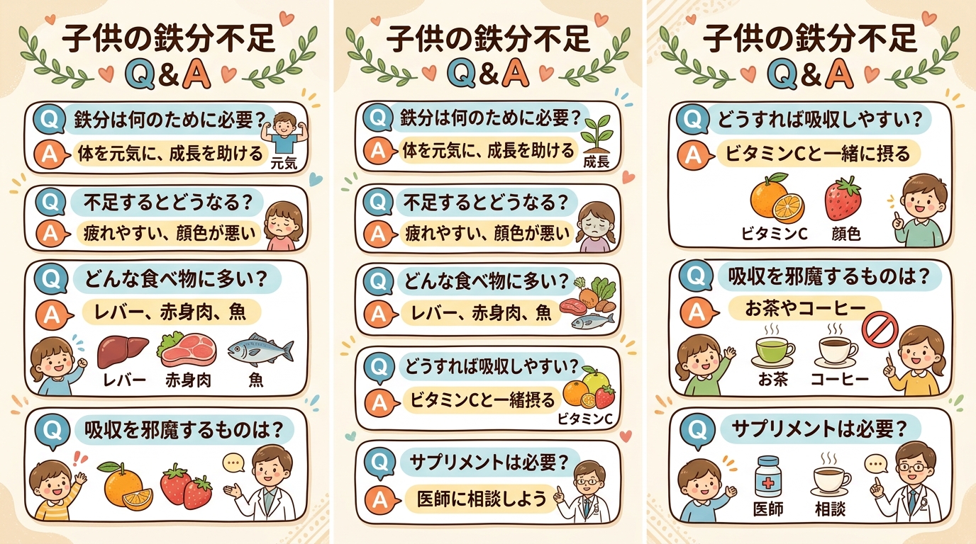 子供の鉄分不足についてよくある質問とその回答を吹き出し風にまとめた図解。q&a...