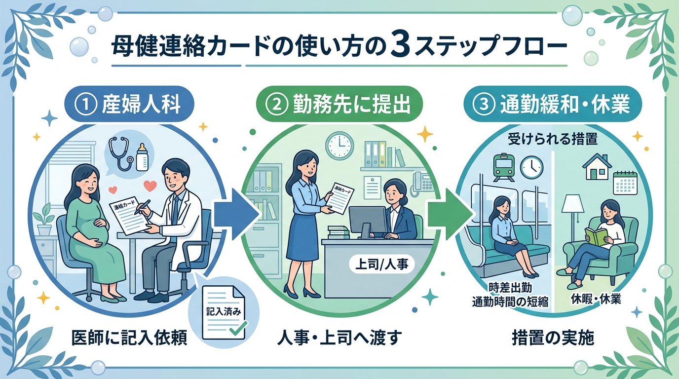母性健康管理指導事項連絡カード（母健連絡カード）の使い方を説明する3ステップフロー図。「①産婦人科で記入してもらう」「②勤務先に提出」「③通勤緩和・休業の措置」...
