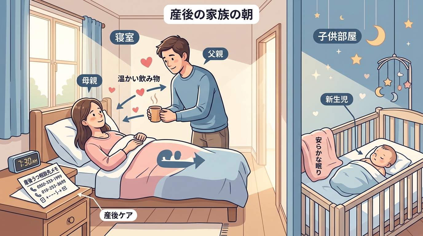 寝室のベッドで休んでいる母親に、温かい飲み物を運んでいく父親と、別の部屋で穏やかに眠る新生児を映したシーン。窓からは柔らかな朝の光が差し込み、サイドテーブルには...
