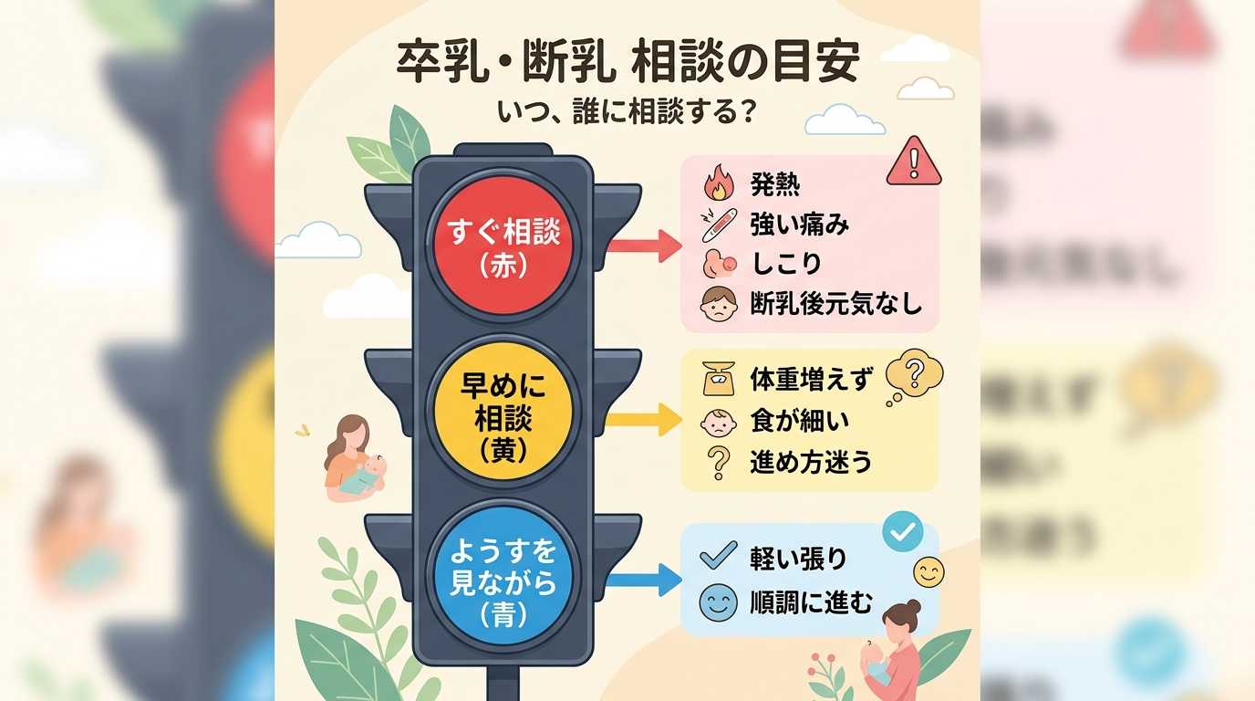 卒乳・断乳の相談目安を信号機型で示した図。「すぐ相談（赤）：発熱・強い乳房の痛み・しこり／断乳後に元気がない」「早めに相談（黄）：体重の増えが心配・食が細い・進...