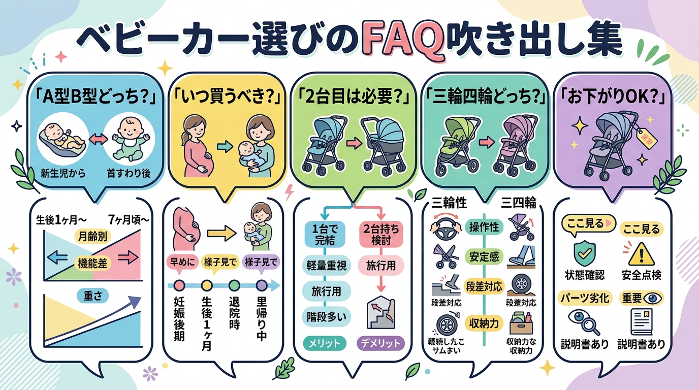ベビーカー選びのfaq吹き出し集のインフォグラフィック。「a型b型どっち？」「いつ買うべき？」「2台目は必要？」「三輪四輪どっち？」「お下がりok？」の5つの質...