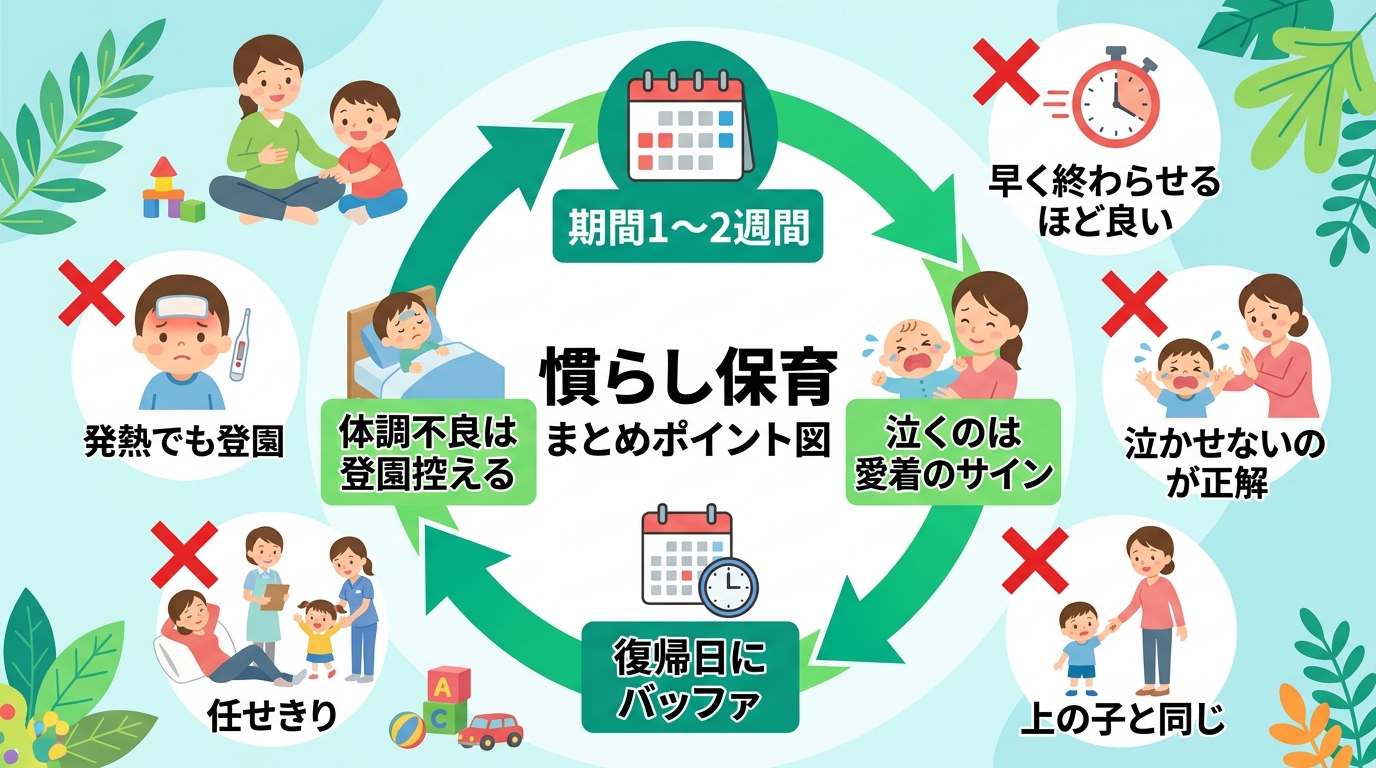 慣らし保育のまとめポイント図。中央に「期間1〜2週間／泣くのは愛着のサイン／復帰日にバッファ／体調不良は登園控える」の4ポイントを矢印で囲み、外周によくある誤解...
