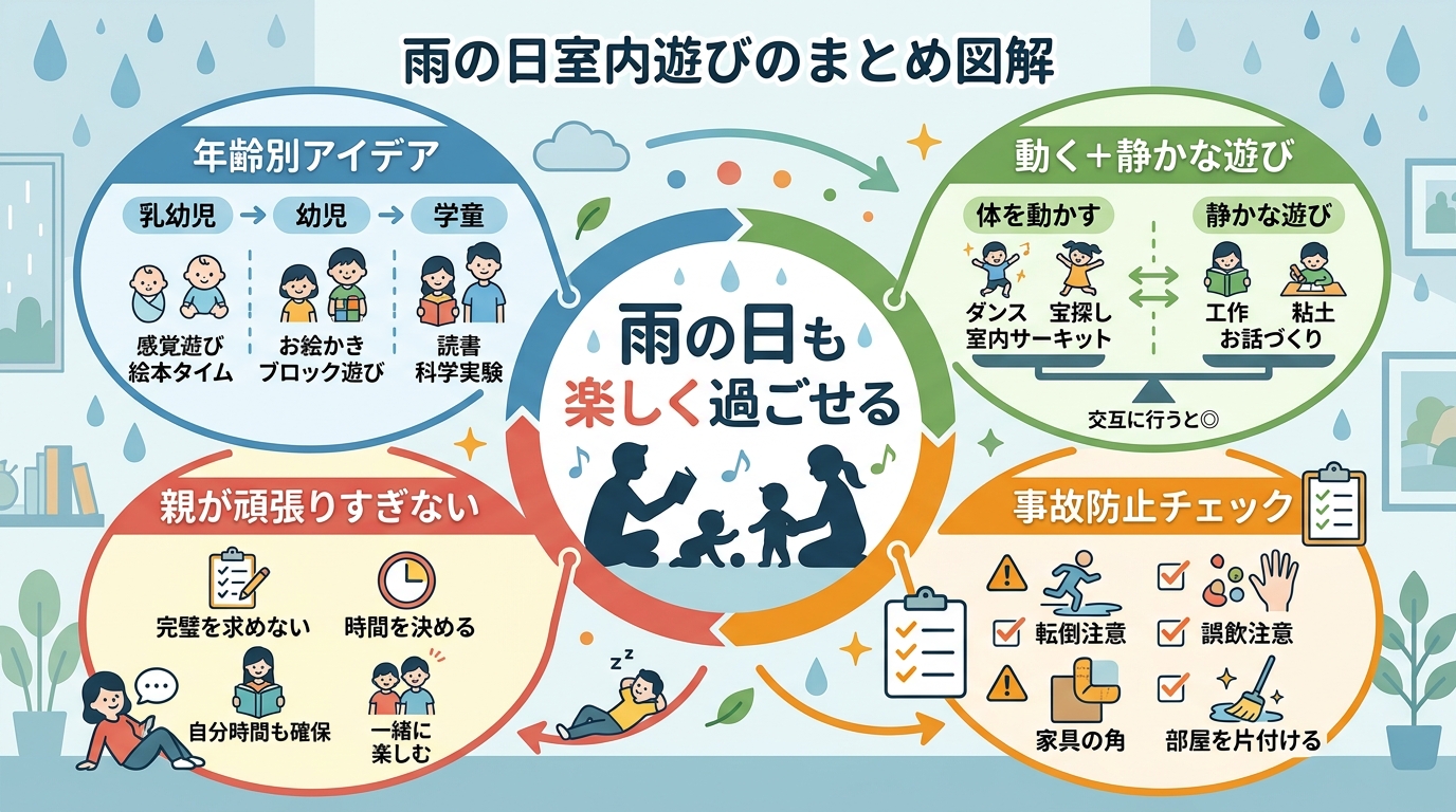 雨の日室内遊びのまとめ図解。「年齢別アイデア」「体動かす＋静かな遊びの組み合わせ」「事故防止チェック」「親が頑張りすぎない」の4つの柱を円形に配置し、中央に「雨...