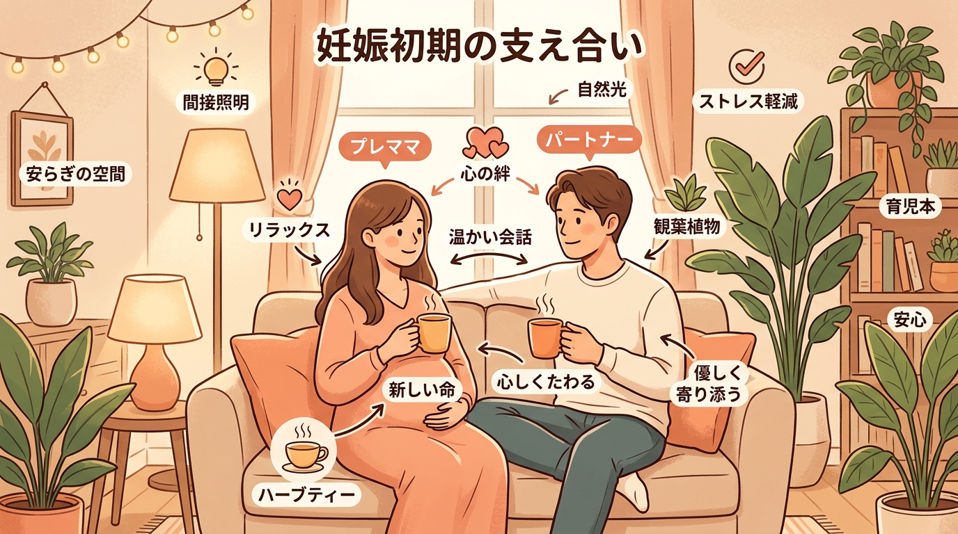 妊娠初期のプレママとパートナーがソファに並んで座り、温かいハーブティーを飲みながらゆっくり会話している温かいシーン。柔らかい間接照明、グリーンの観葉植物、安心と...